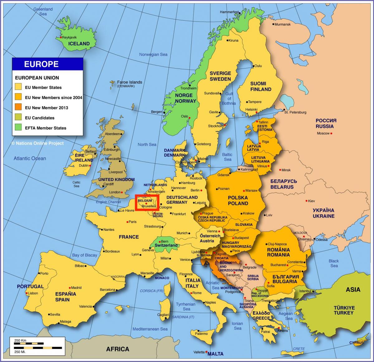 carte de l'europe montrant Bruxelles